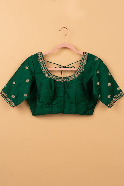 Raw Silk Readymade Padded Bottle Green Blouse Size 36