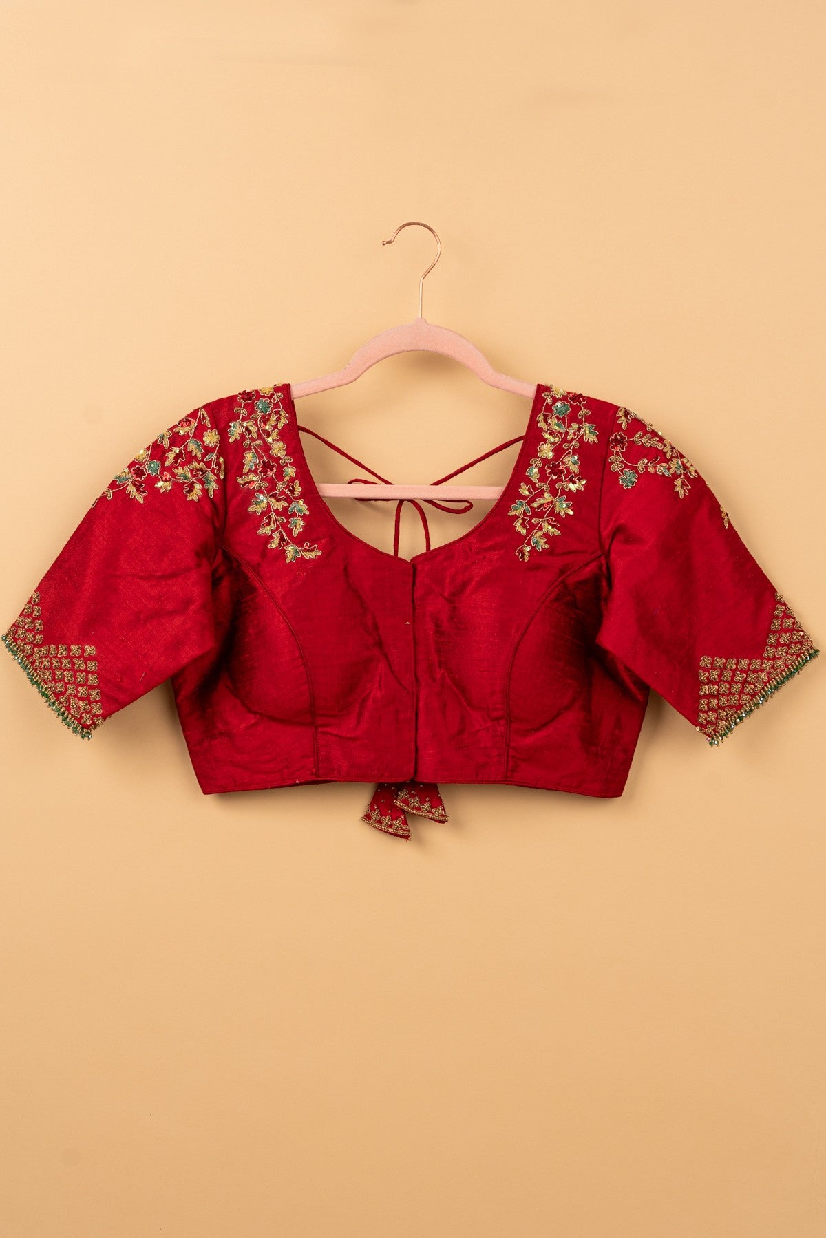 Raw Silk Readymade Padded Apple Red Blouse Size 36
