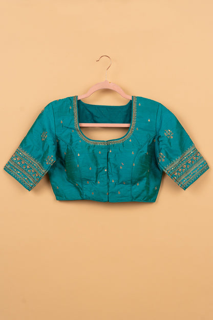 Raw Silk Readymade Padded Teal Blue Blouse Size 36