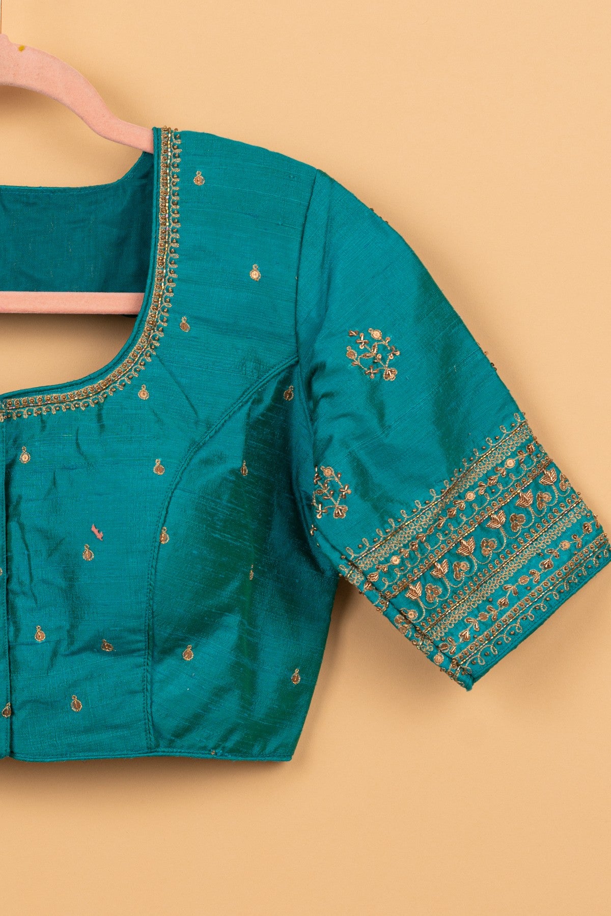 Raw Silk Readymade Padded Teal Blue Blouse Size 36