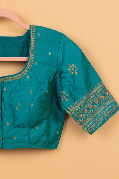 Raw Silk Readymade Padded Teal Blue Blouse Size 36