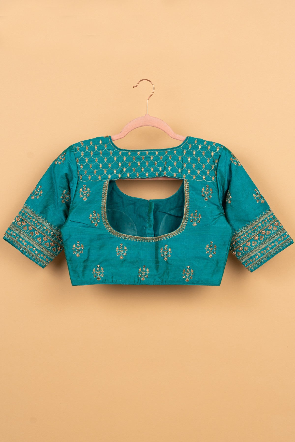 Raw Silk Readymade Padded Teal Blue Blouse Size 36