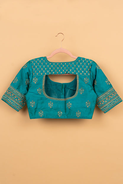 Raw Silk Readymade Padded Teal Blue Blouse Size 36