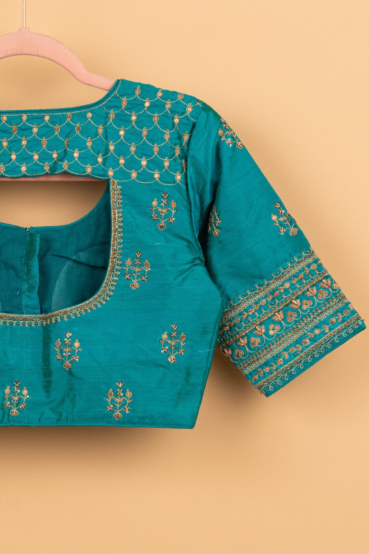 Raw Silk Readymade Padded Teal Blue Blouse Size 36