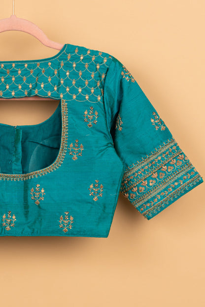 Raw Silk Readymade Padded Teal Blue Blouse Size 36