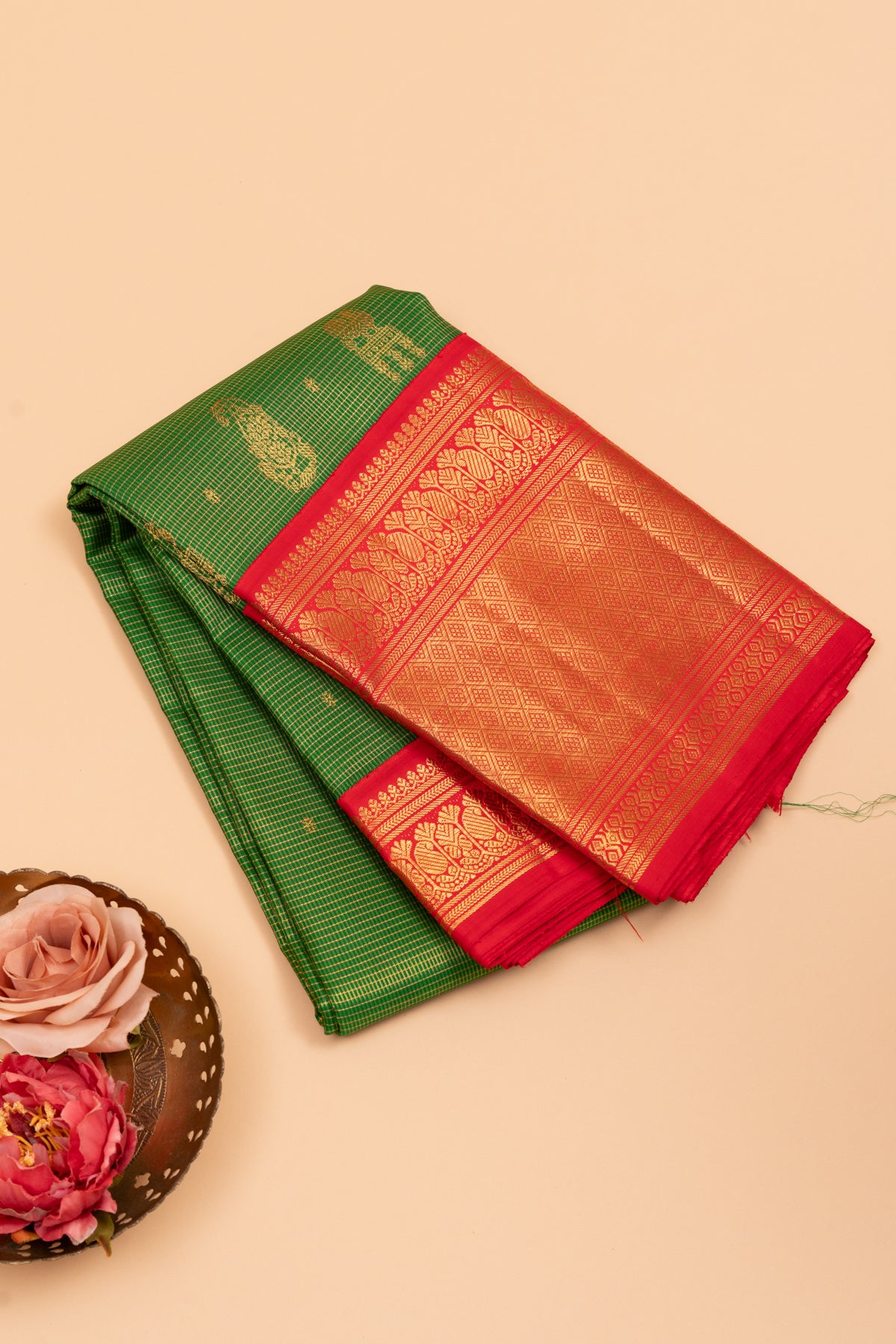 Kanchipuram Silk Horizontal Lines And Butta Green Saree