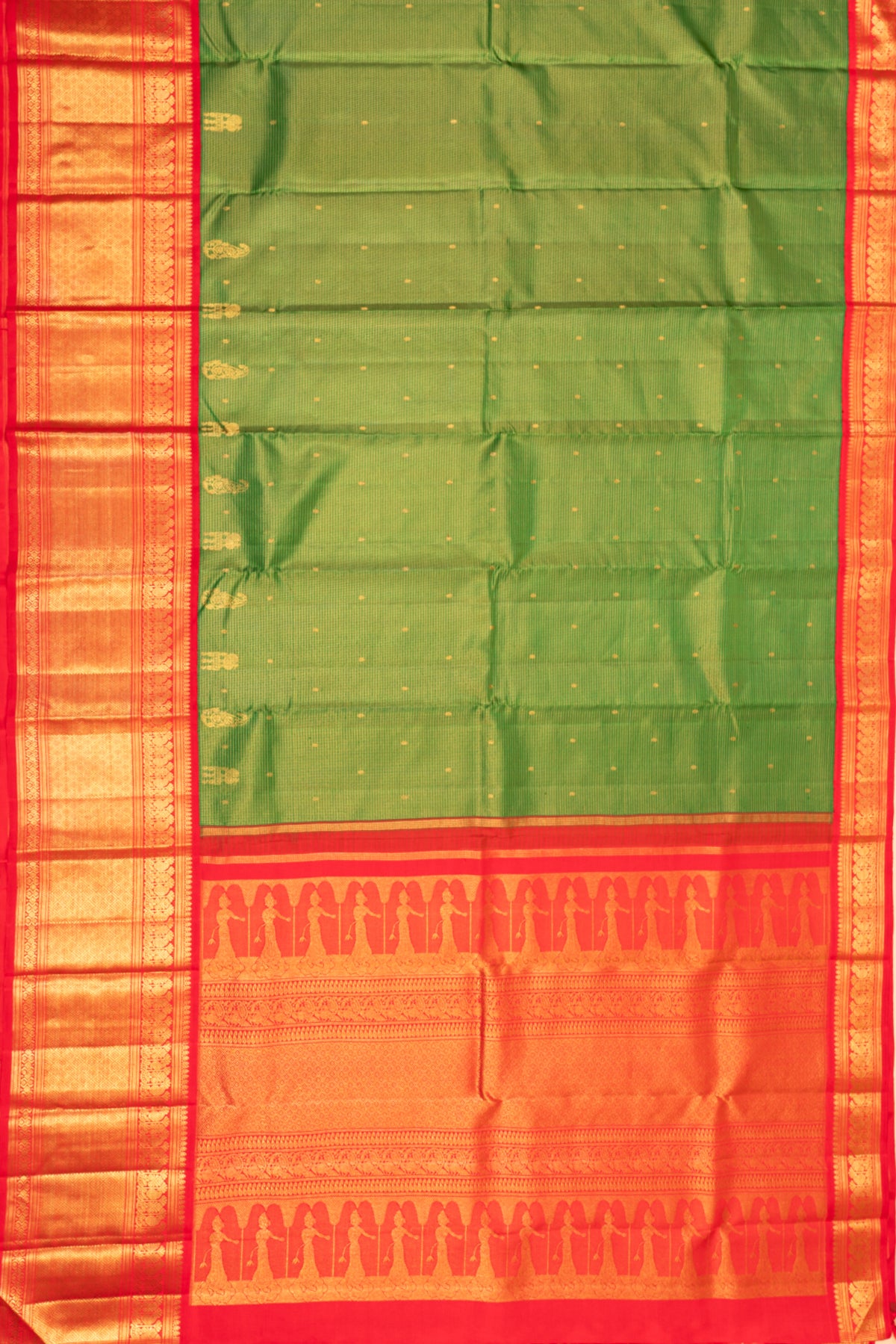 Kanchipuram Silk Horizontal Lines And Butta Green Saree