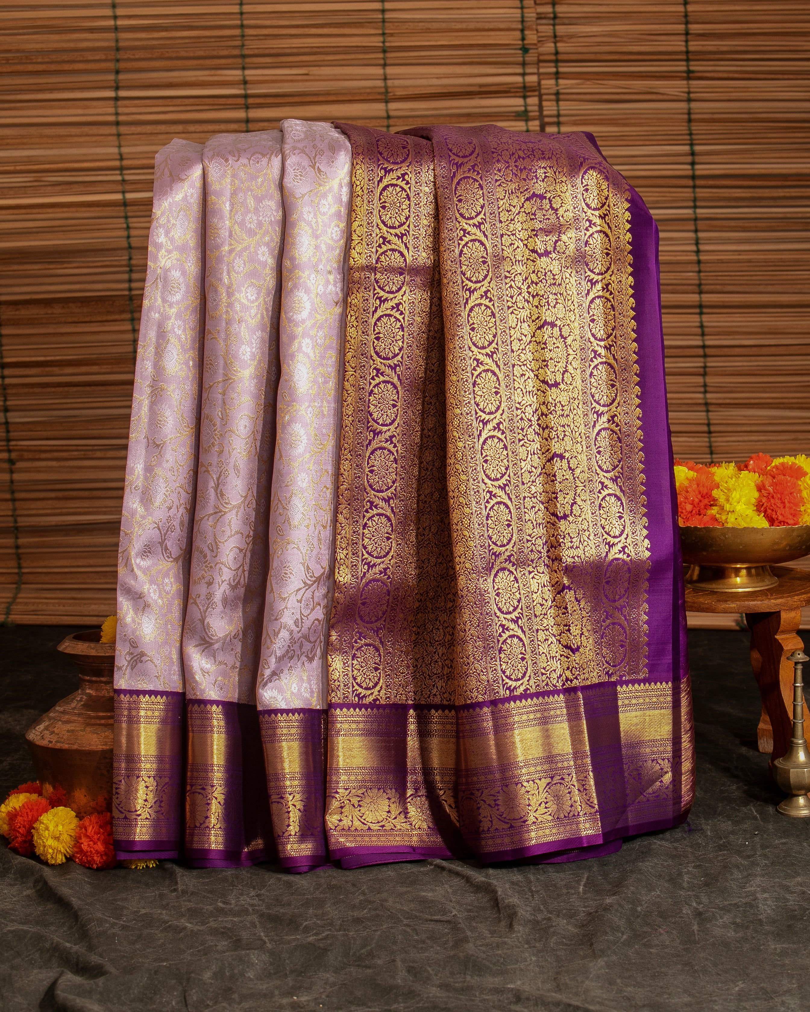 Kanchipuram Silk Jaal And Brocade Lavender Saree