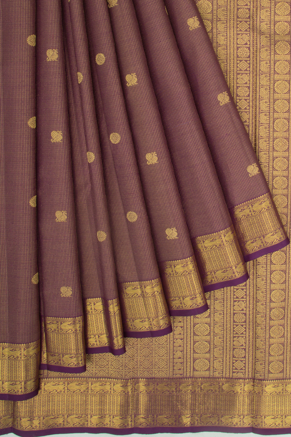 Kanchipuram Silk Checks And Butta Purple Saree
