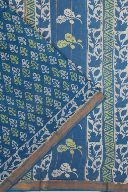 Chanderi Silk Batik Floral Printed Blue Saree