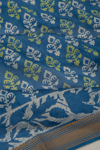 Chanderi Silk Batik Floral Printed Blue Saree