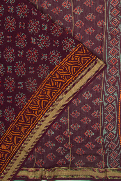 Chanderi Cotton Batik Printed Burgundy Saree