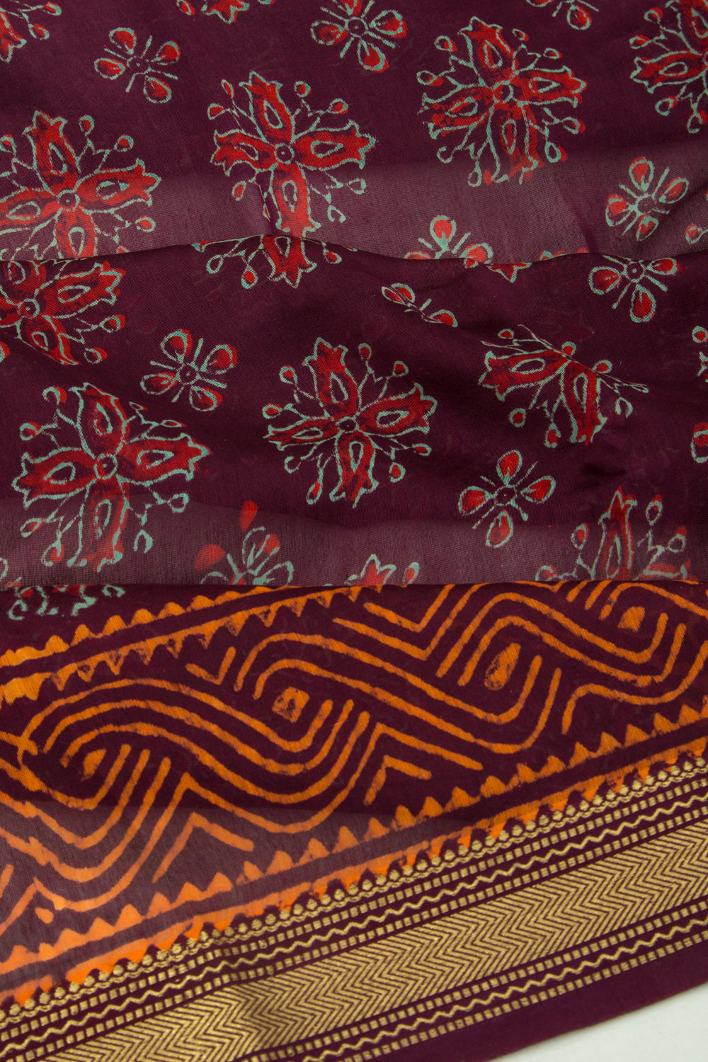 Chanderi Cotton Batik Printed Burgundy Saree
