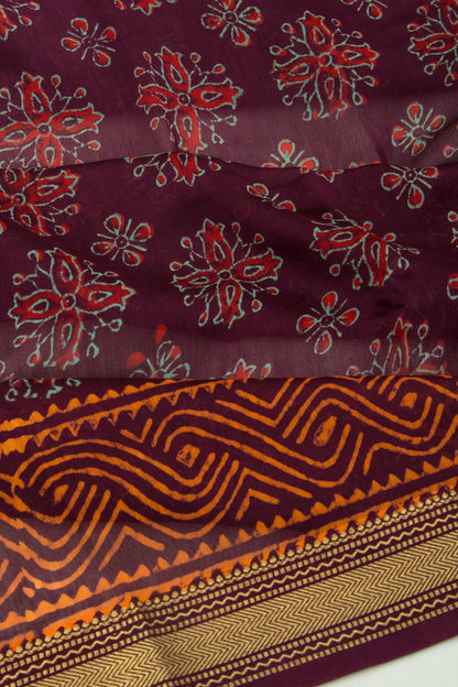 Chanderi Cotton Batik Printed Burgundy Saree