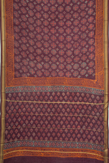 Chanderi Cotton Batik Printed Burgundy Saree