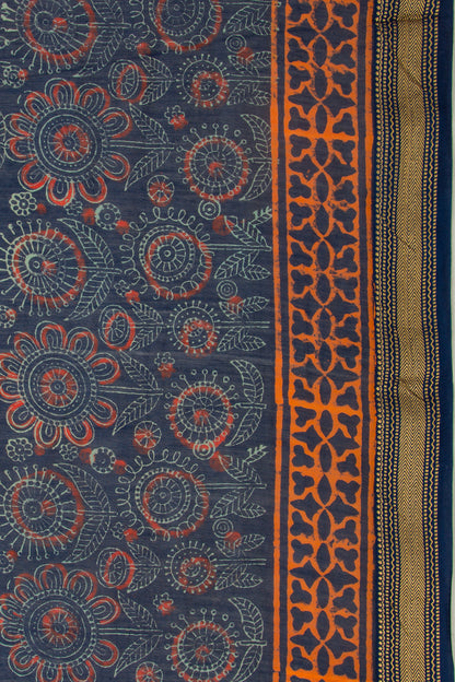Chanderi Cotton Batik Printed Dark Blue Saree
