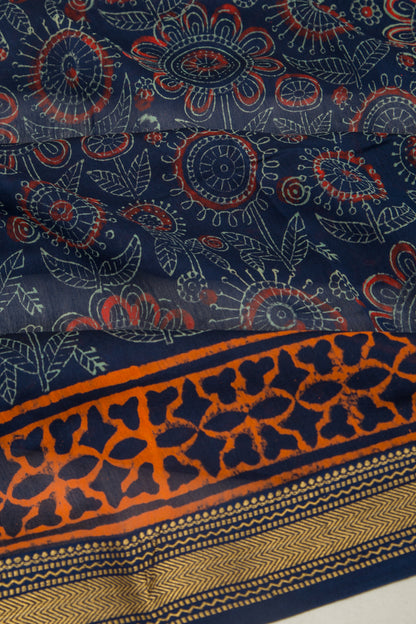 Chanderi Cotton Batik Printed Dark Blue Saree