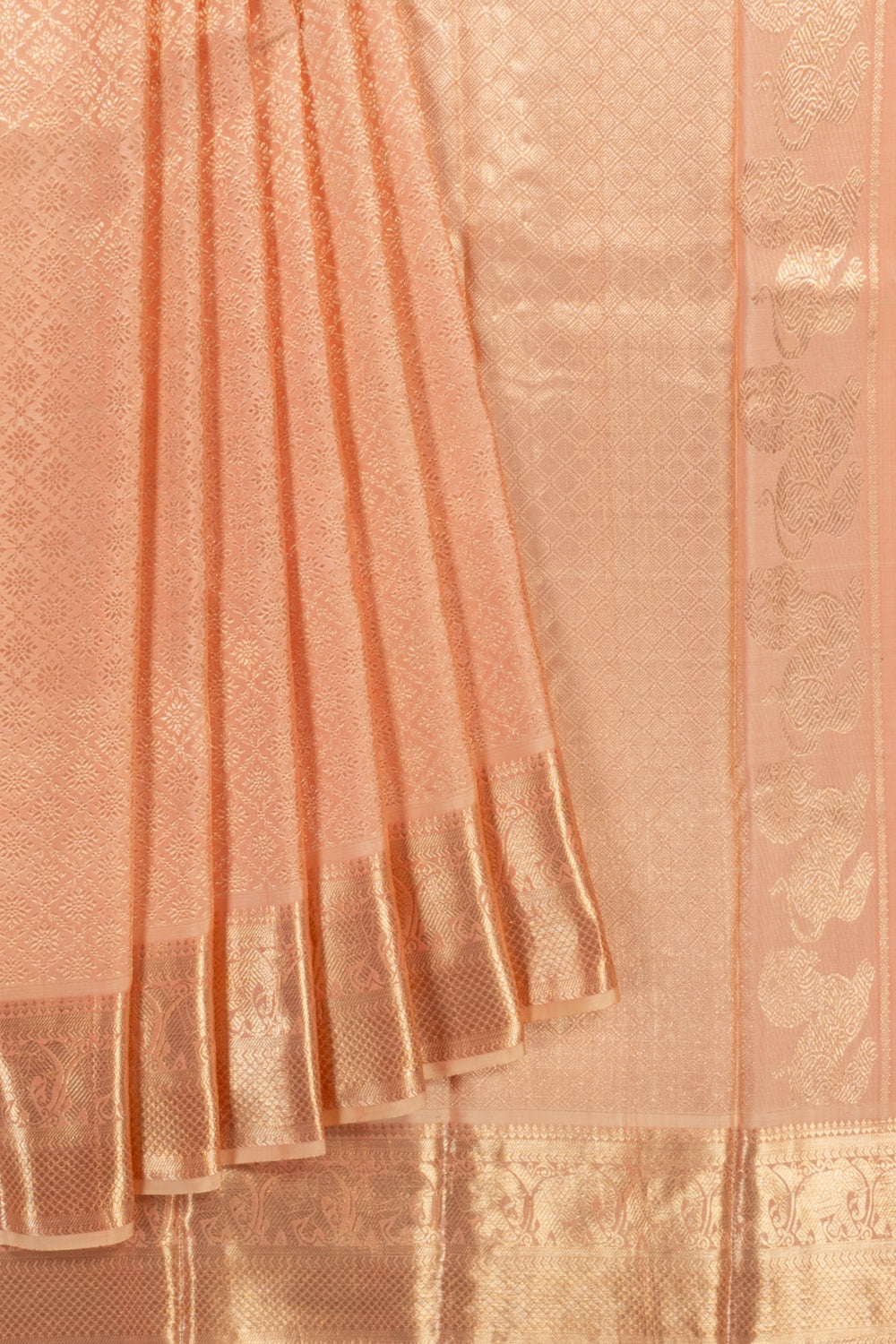 Kanchipuram Silk Criss Cross Checks And Butta Peach Saree