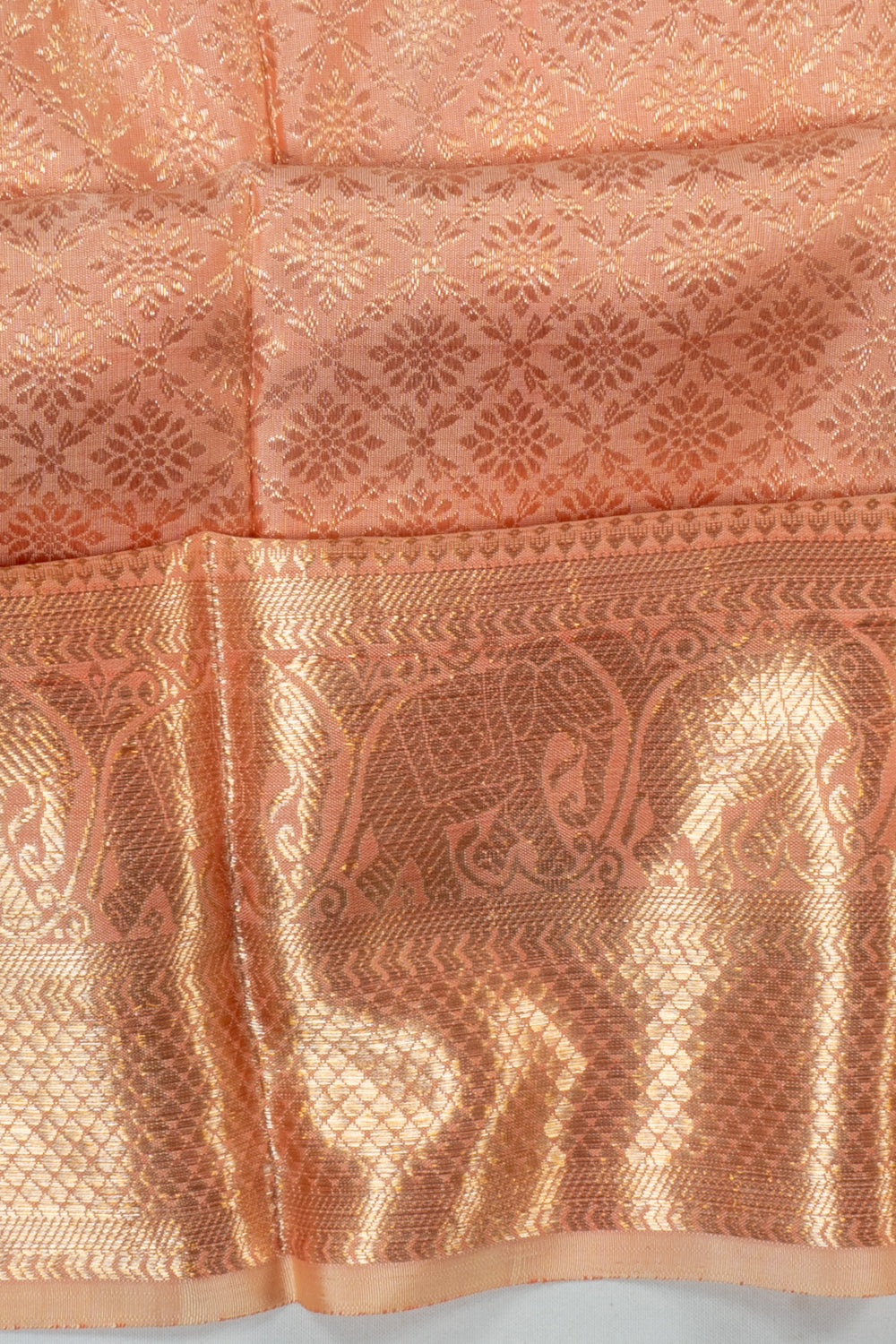 Kanchipuram Silk Criss Cross Checks And Butta Peach Saree