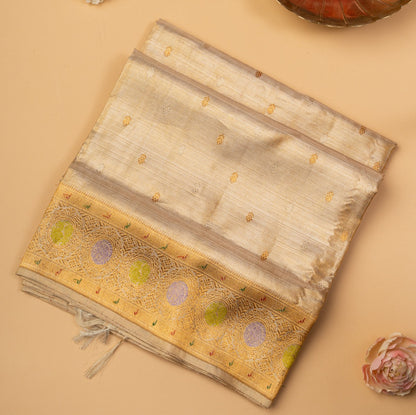Kanchipuram Silk Tissue Butta Beige Gold Saree