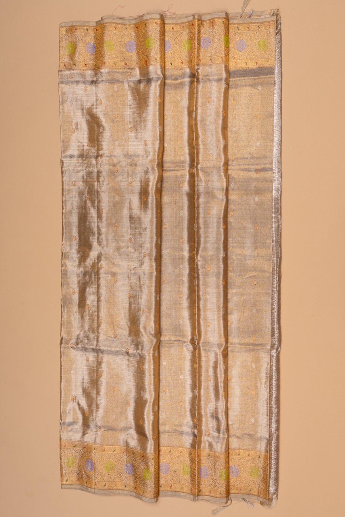 Kanchipuram Silk Tissue Butta Beige Gold Saree