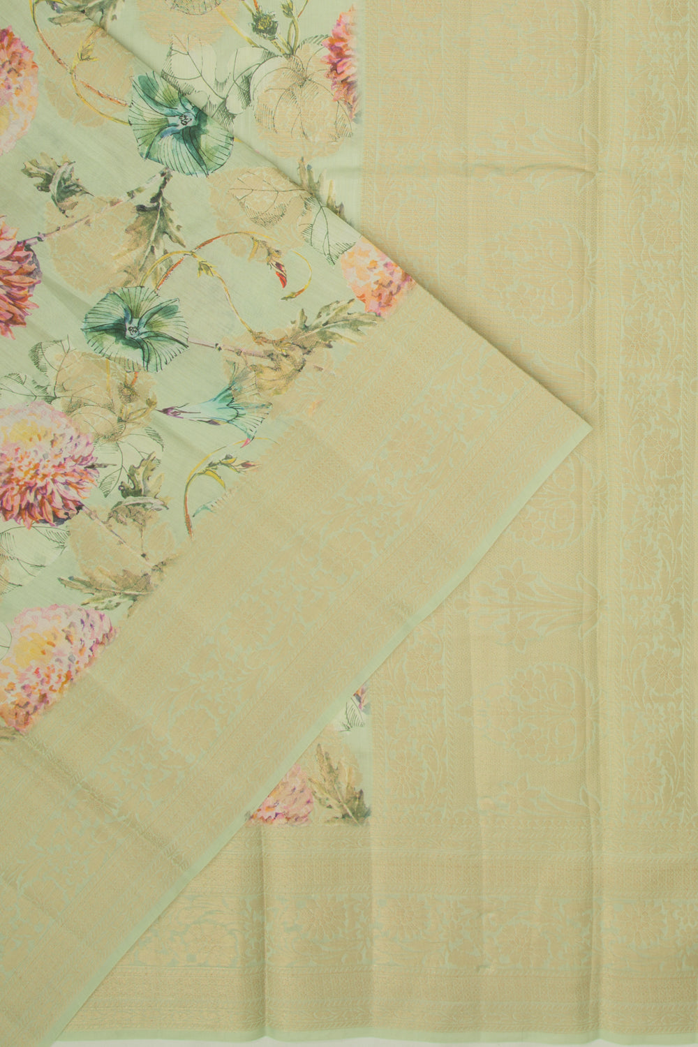 Chanderi Silk Floral Printed And Butta Pastel Green Saree