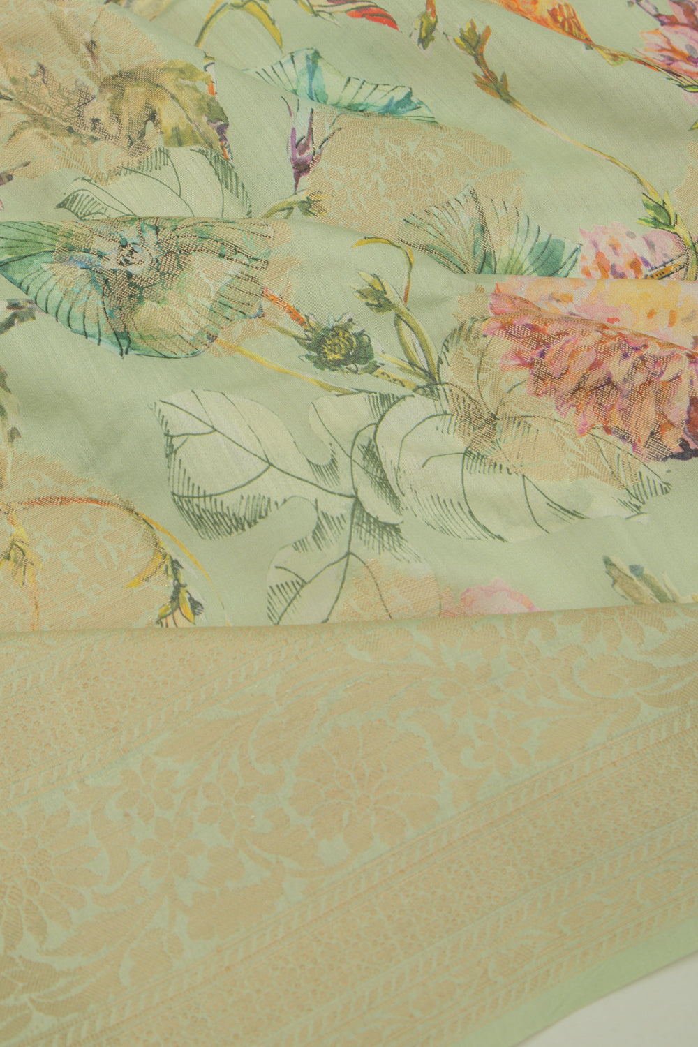 Chanderi Silk Floral Printed And Butta Pastel Green Saree