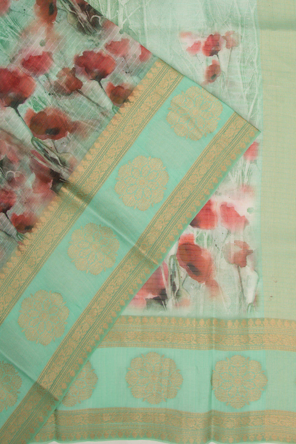 Organza Lines And Floral Printed Sea Green Saree