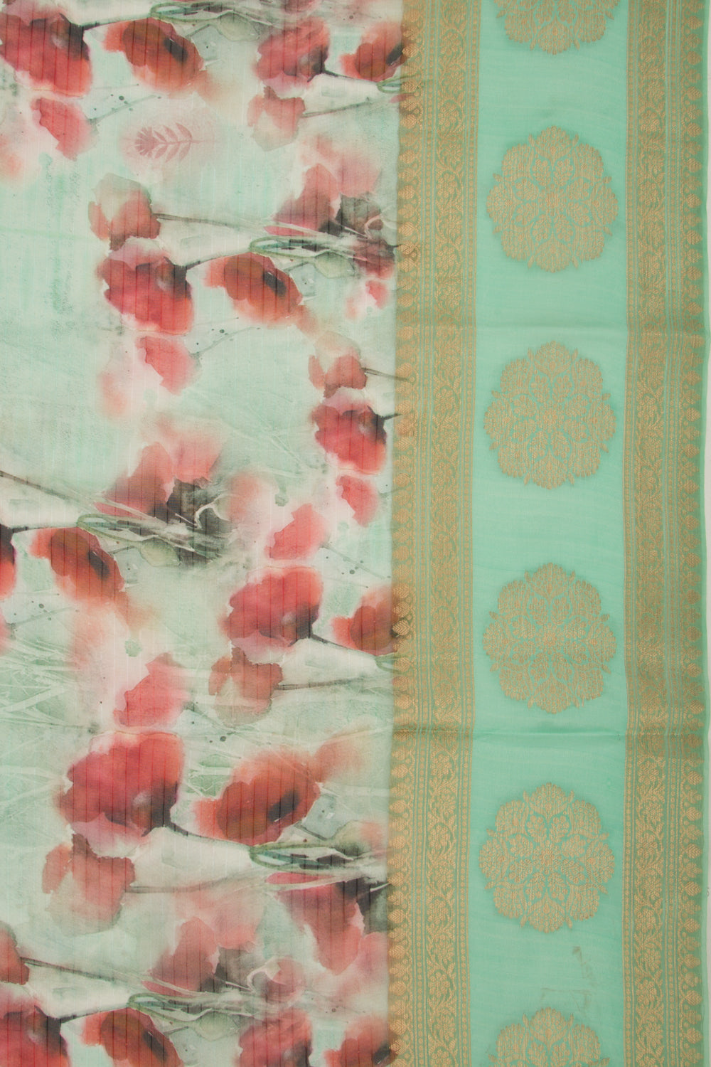 Organza Lines And Floral Printed Sea Green Saree