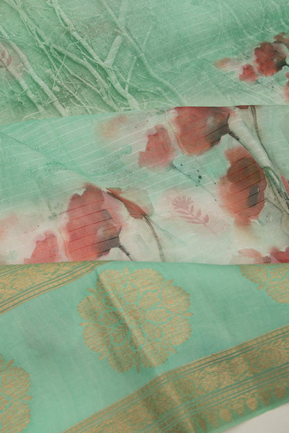 Organza Lines And Floral Printed Sea Green Saree