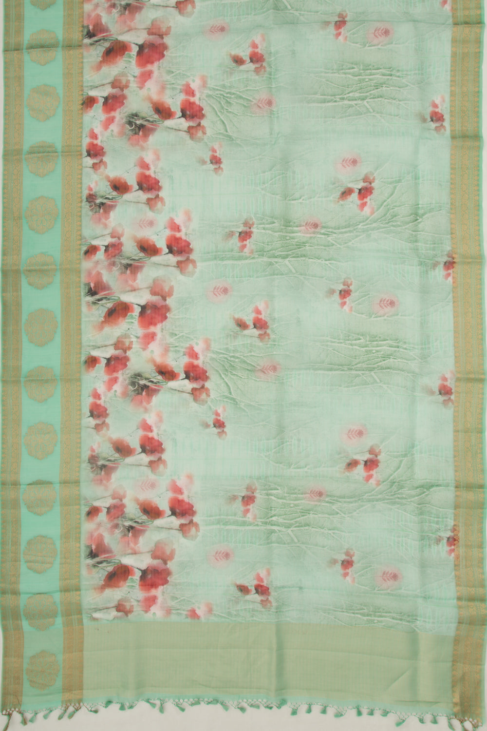 Organza Lines And Floral Printed Sea Green Saree