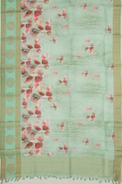 Organza Lines And Floral Printed Sea Green Saree