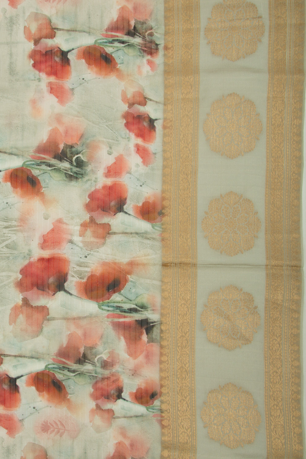 Organza Lines And Floral Printed Grey Saree