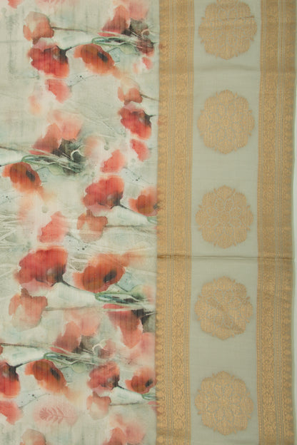 Organza Lines And Floral Printed Grey Saree
