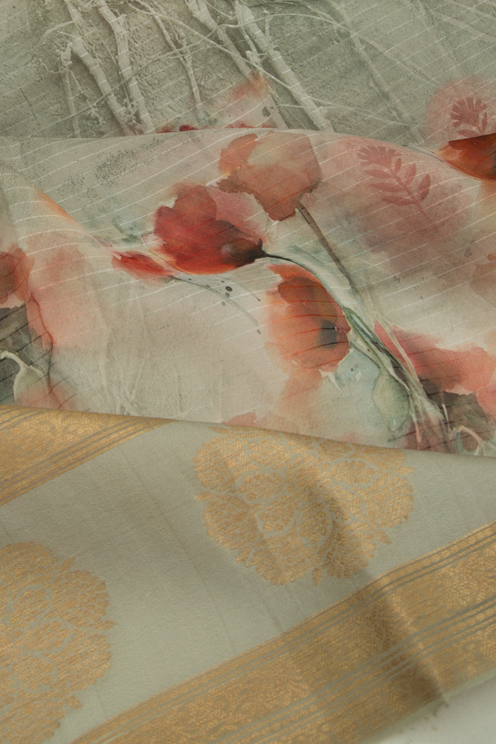 Organza Lines And Floral Printed Grey Saree