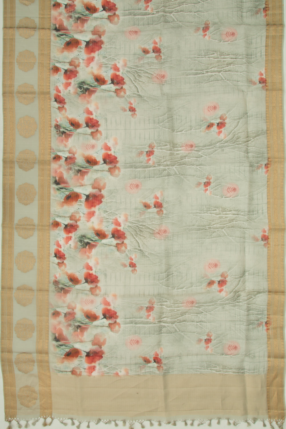 Organza Lines And Floral Printed Grey Saree