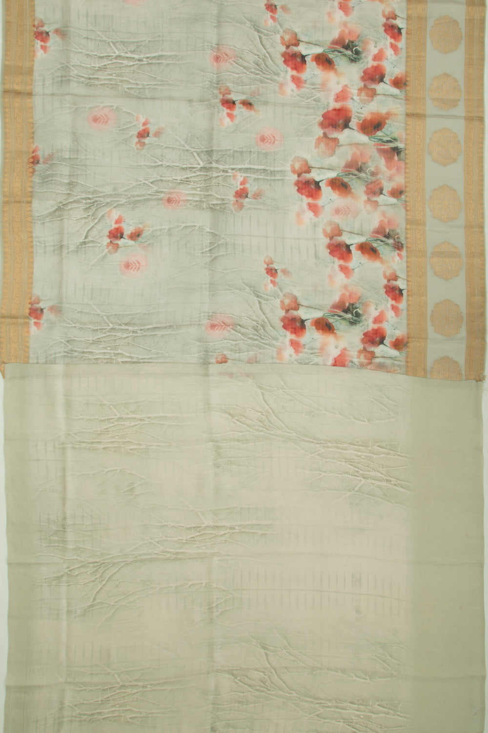 Organza Lines And Floral Printed Grey Saree