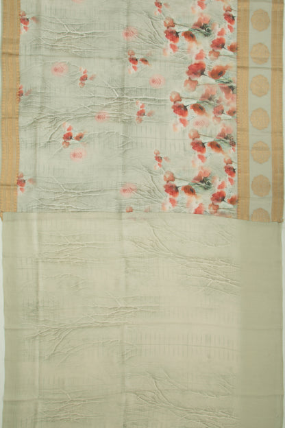 Organza Lines And Floral Printed Grey Saree