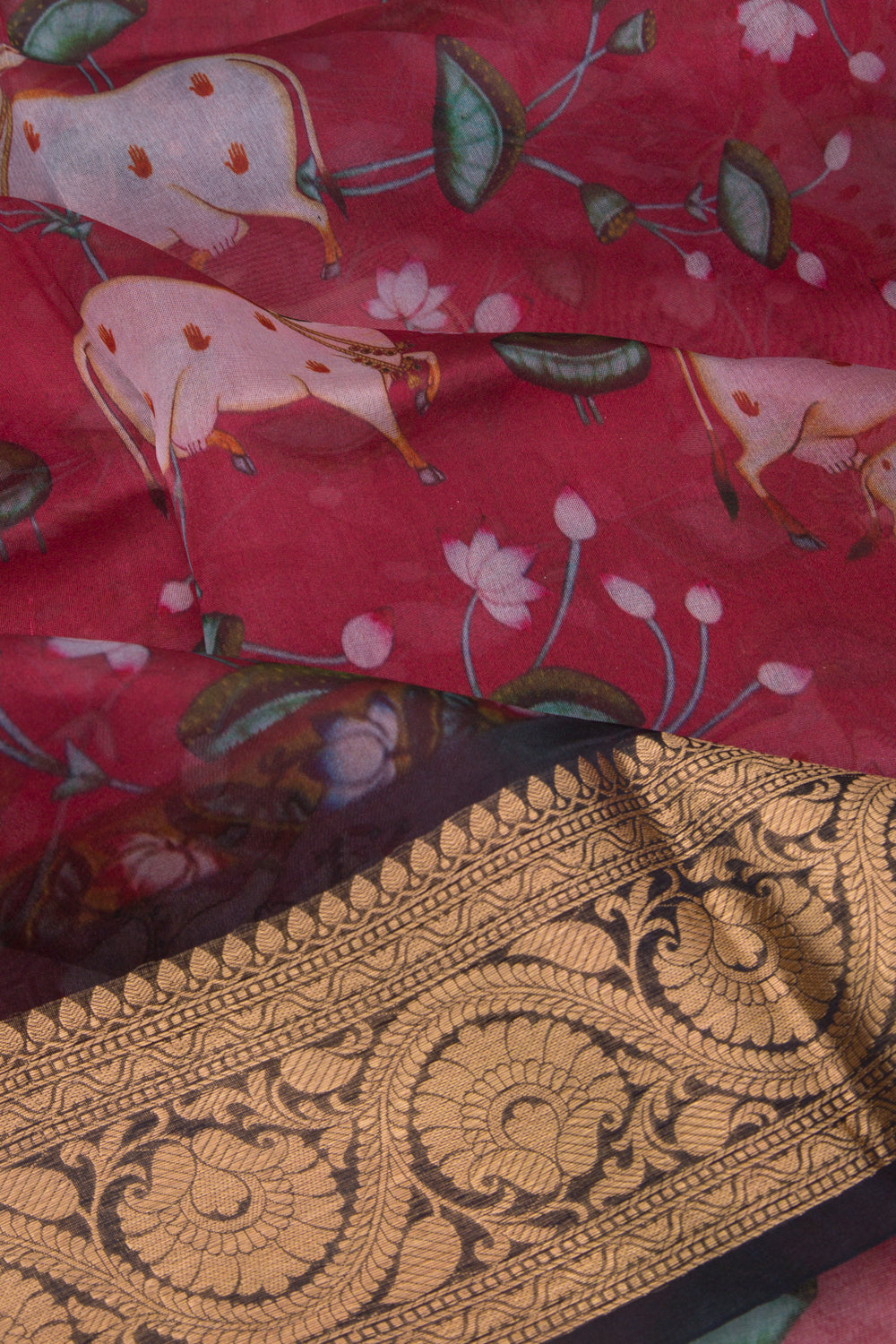 Organza Pichwai Printed Red Saree