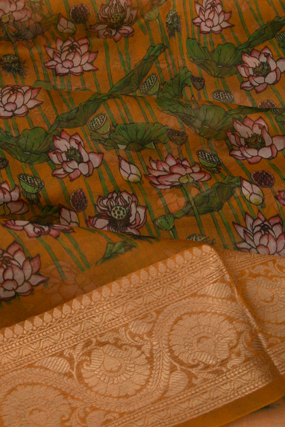 Organza Floral Printed Mustard Yellow Saree