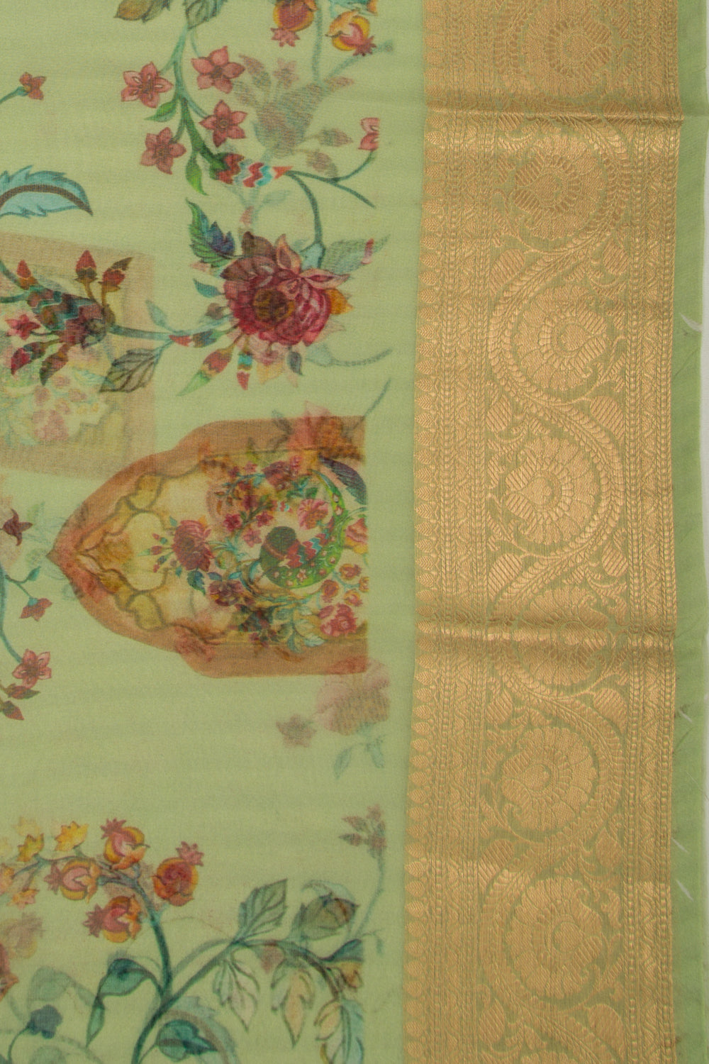 Organza Floral Printed Green Saree