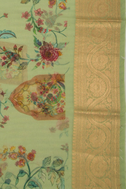 Organza Floral Printed Green Saree