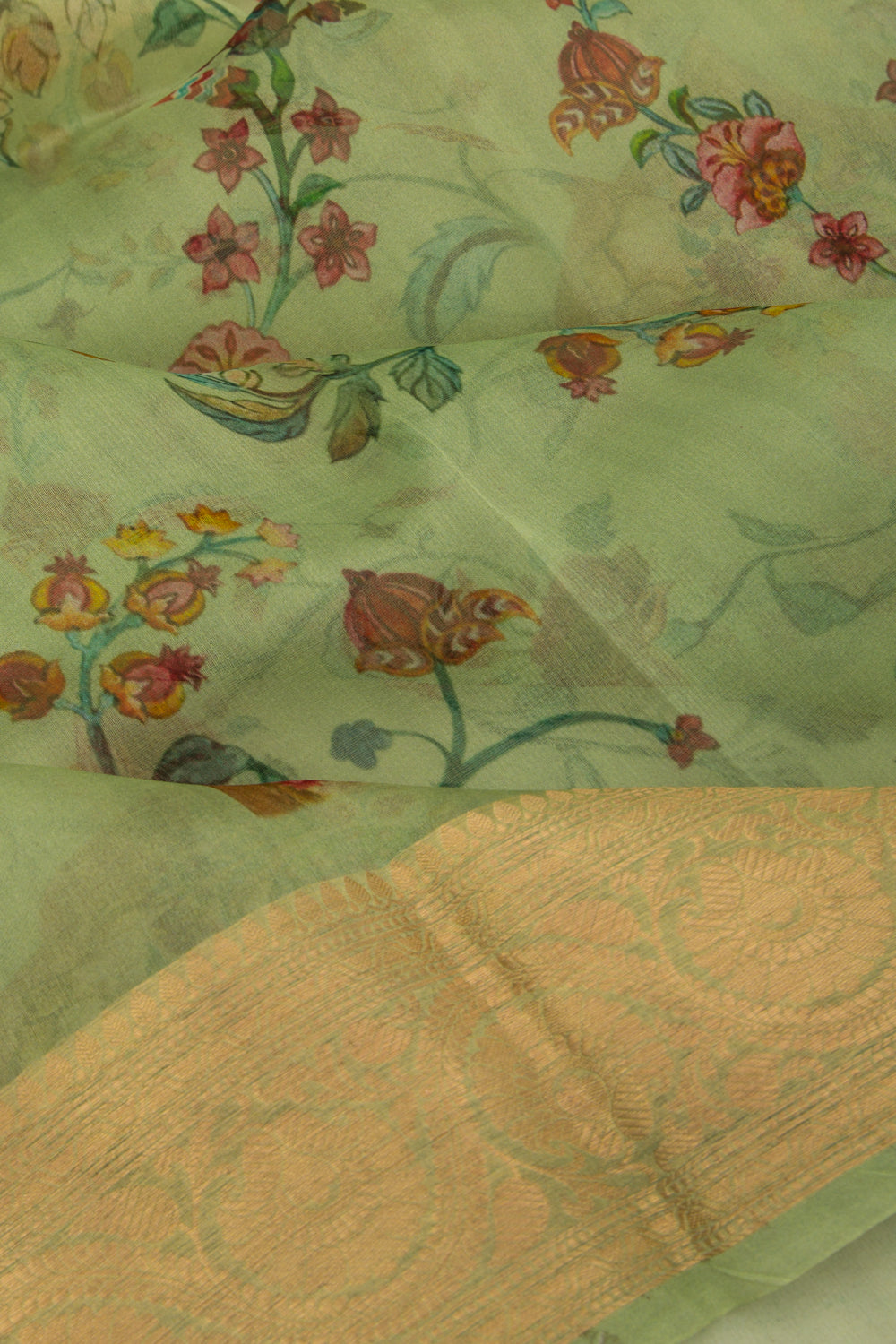 Organza Floral Printed Green Saree
