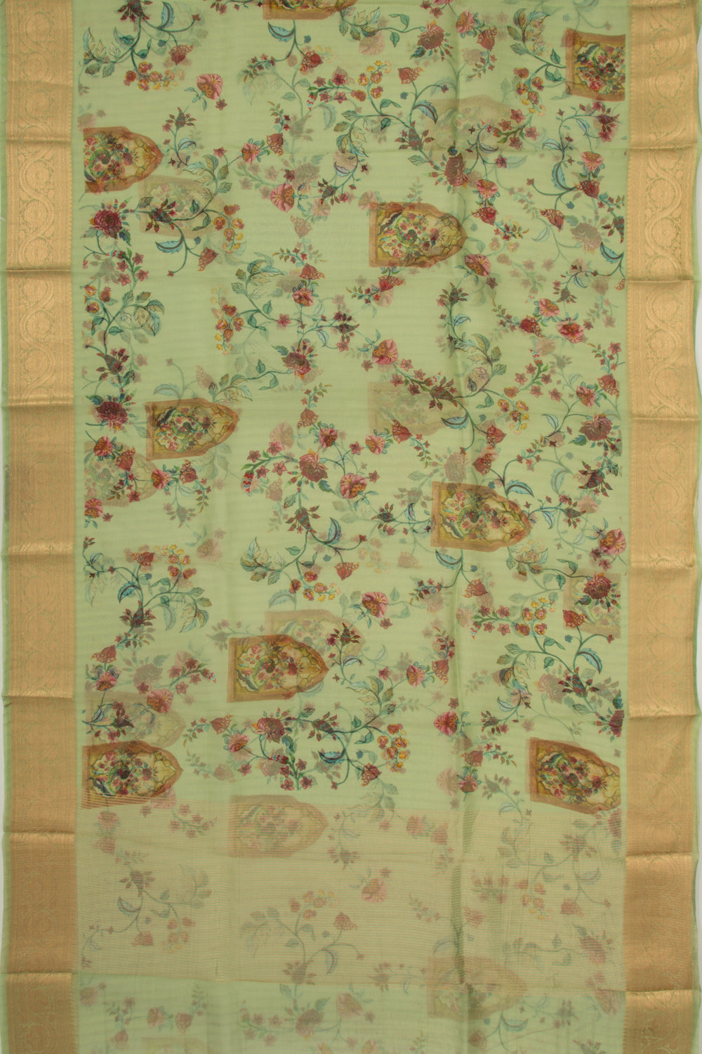 Organza Floral Printed Green Saree