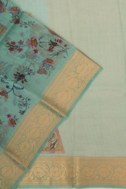 Organza Floral Printed Blue Saree