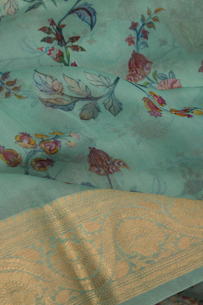 Organza Floral Printed Blue Saree
