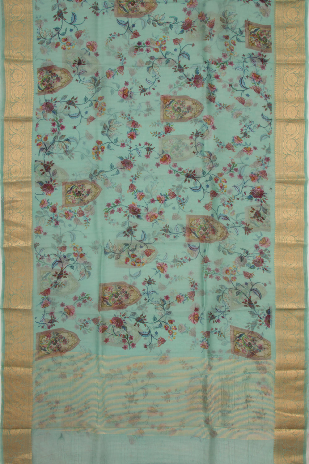 Organza Floral Printed Blue Saree