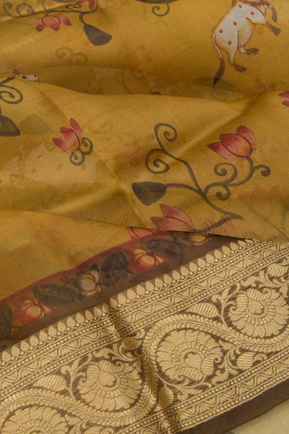 Organza Pichwai Printed Yellow Saree