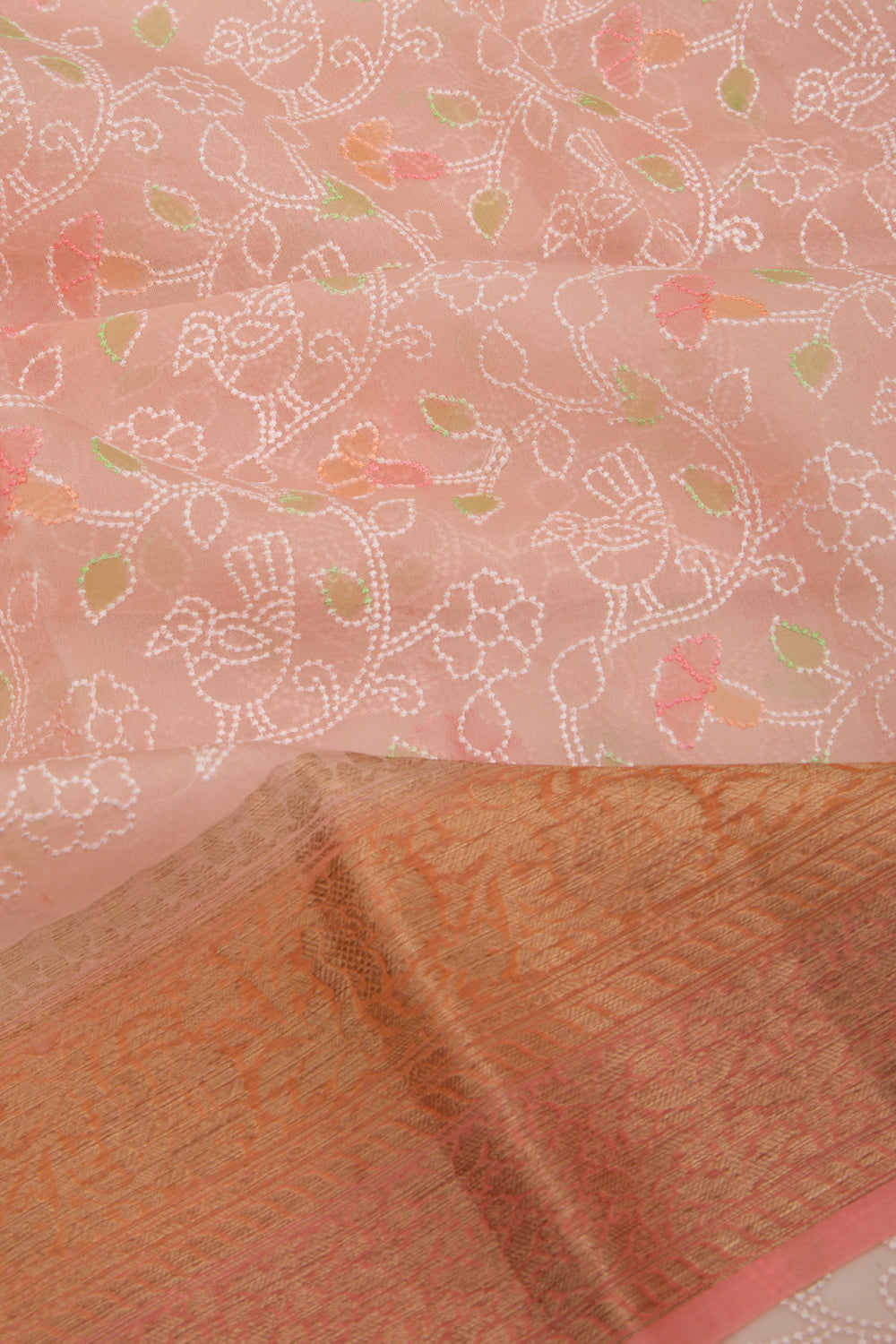 Organza Floral Embroidery Peach Saree