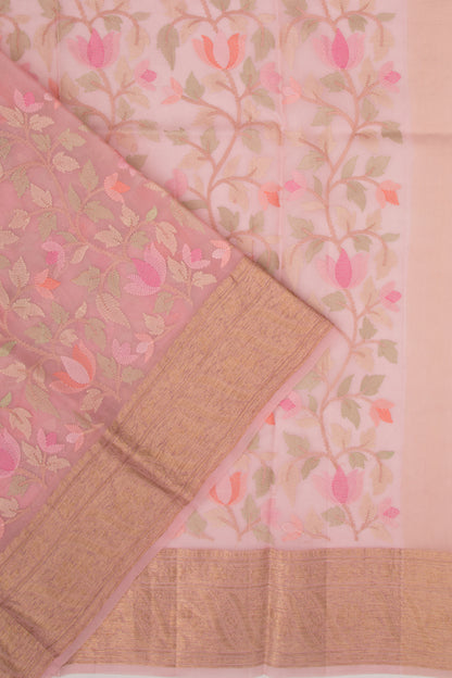 Organza Floral Embroidery Pink Saree